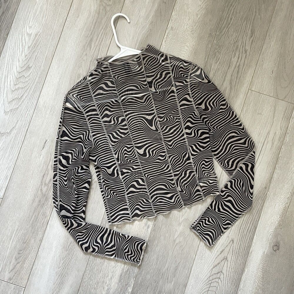 H&M Mesh Top zebra animal print sheer long sleeve crop womens Black (medium)